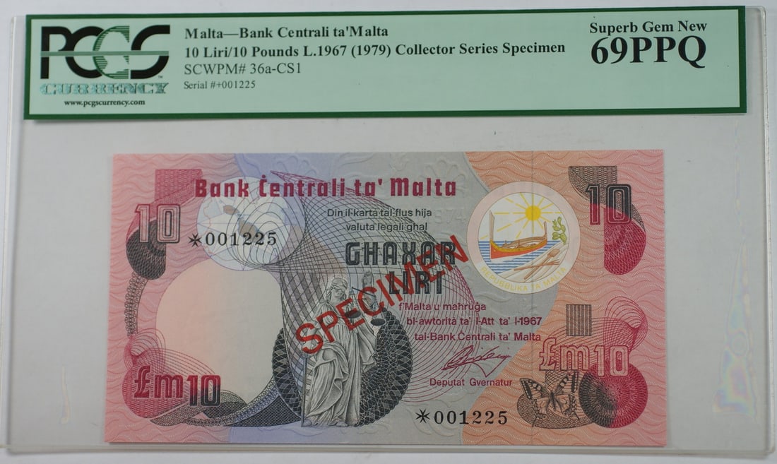 Malta 10 Liri Specimen Banknote SCWPM 36a-CS1 PCGS 69 PPQ Uncirculated (1 of 2)