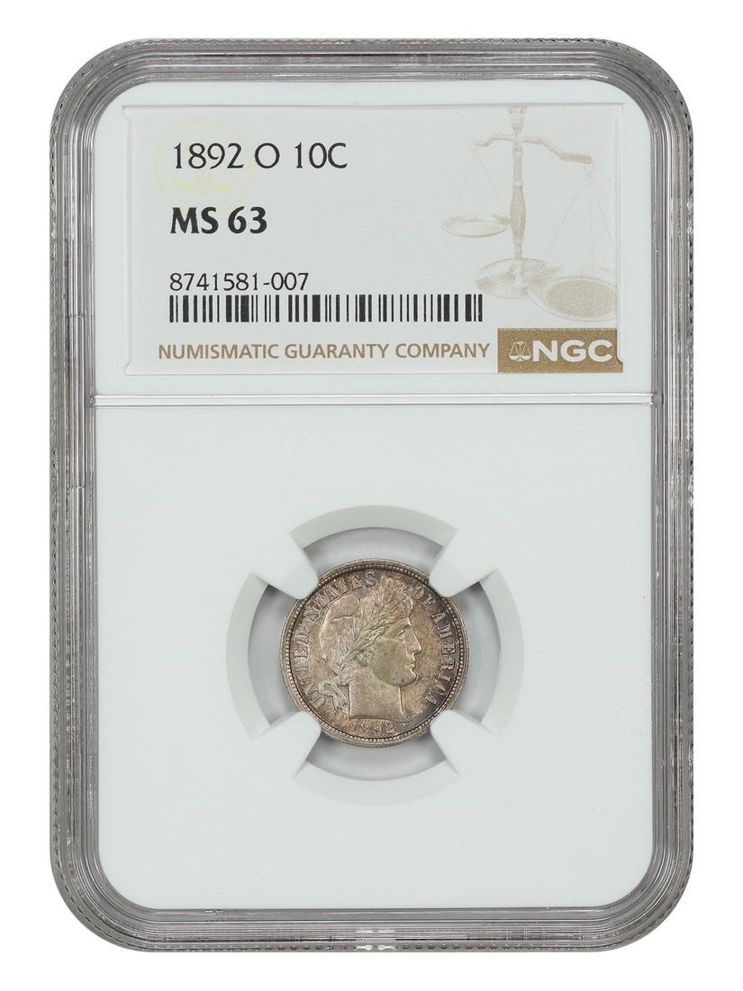 NGC MS63 1892 O Barber Dime: NGC MS63 1892 O Barber Dime This is an 1892 Barber Dime struck at the New Orleans Mint, graded MS63 by NGC. The coin is uncirculated and belongs to the Barber Dime series, offering a well-preserved ex