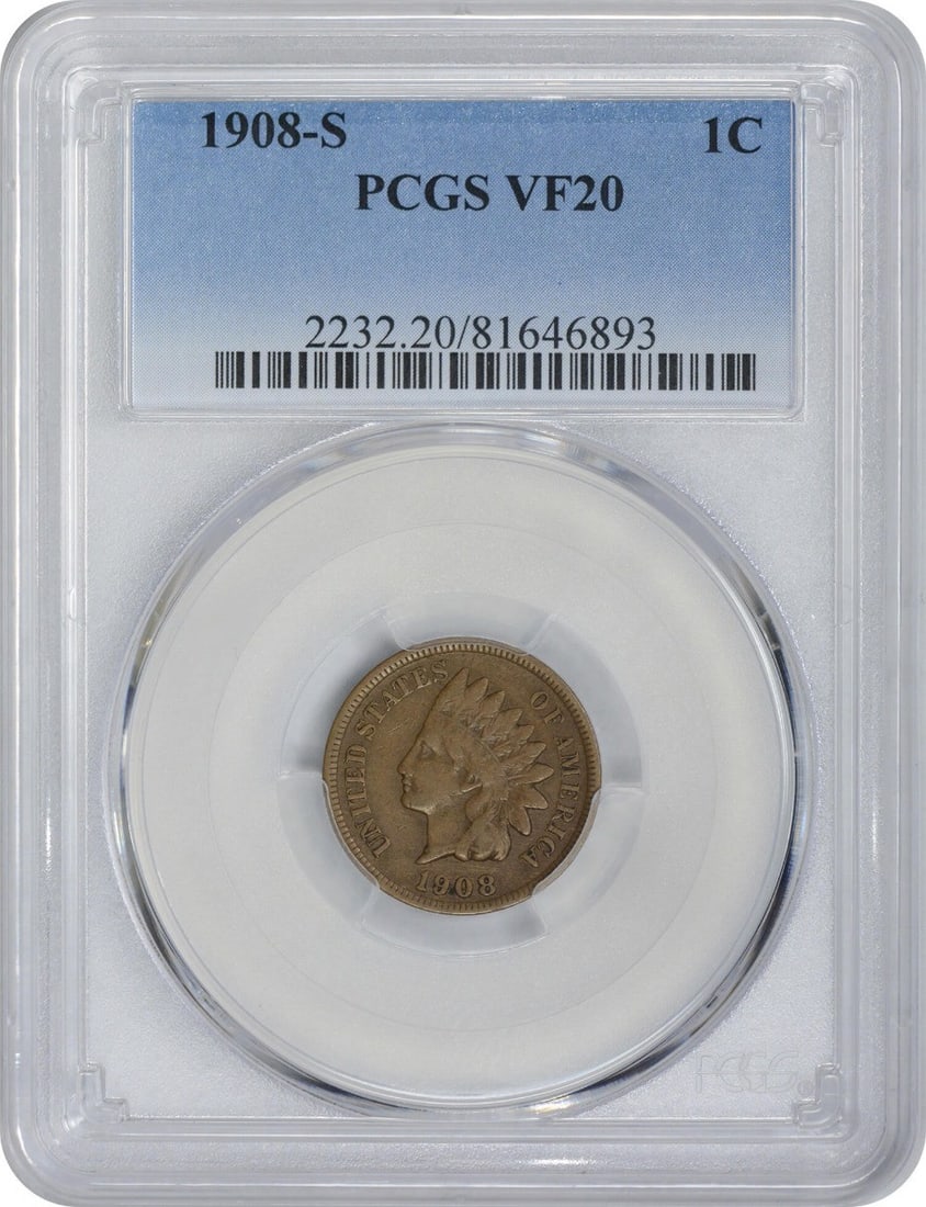 PCGS VF20 1908-S Indian Head Copper Small Cent: PCGS VF20 1908-S Indian Head Copper Small Cent This 1908-S Indian Head Cent is a circulated coin graded VF20 by PCGS. Minted in San Francisco, it features the classic Indian Head design and is compose