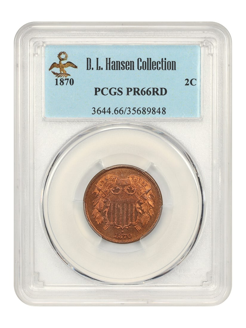 PCGS PR66RD 1870 Two Cent Coin ex D.L. Hansen: PCGS PR66RD 1870 Two Cent Coin ex D.L. Hansen 1870 Two Cent proof coin graded PCGS Proof 66 RD. Certified by PCGS, this Philadelphia-minted example is from the Two Cent series and is noted as a low mi