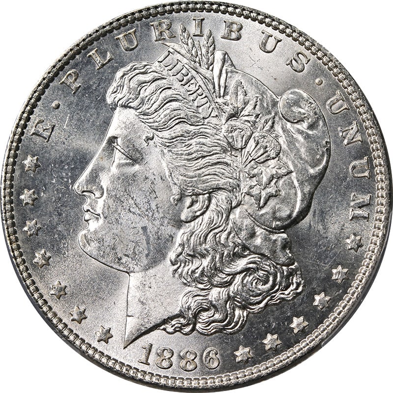 PCGS MS63 Morgan Dollar 1886 Philadelphia VAM 17 Doubled Arrows Variety: PCGS MS63 Morgan Dollar 1886 Philadelphia VAM 17 Doubled Arrows Variety This original 1886-P Morgan Silver Dollar features the VAM 17 Doubled Arrows variety and is certified by PCGS with a grade of MS