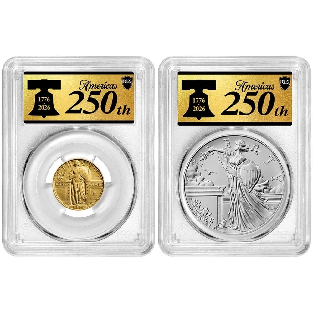 PCGS First Strike 2026-W Standing Liberty gold quarter silver medal set: PCGS First Strike 2026-W Standing Liberty gold quarter silver medal set This set includes a 2026-W Standing Liberty Quarter gold coin and silver medal, certified by PCGS with an SP70 designation. The 