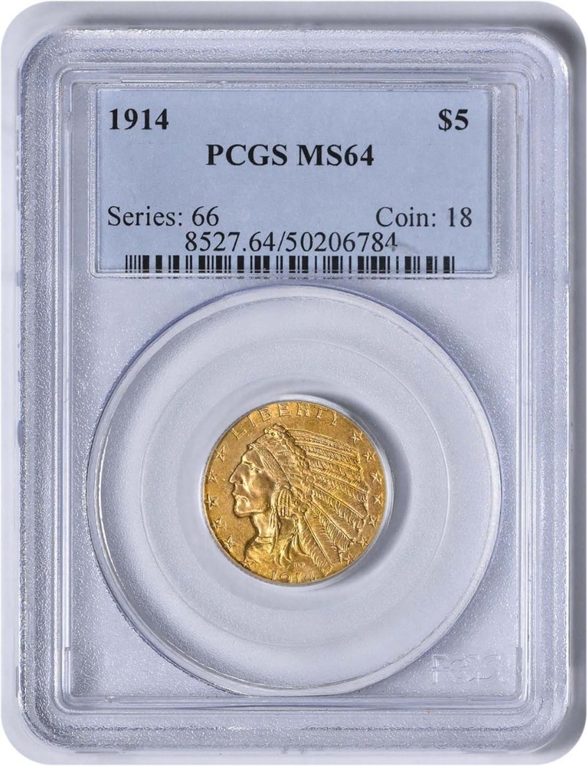 1914 $5 Gold Indian Coin MS64 PCGS Uncirculated Bela Lyon Pratt: 1914 $5 Gold Indian Coin MS64 PCGS Uncirculated Bela Lyon Pratt This 1914 $5 Gold Indian coin is a remarkable piece of numismatic history, certified by PCGS with a high grade of MS64. Struck in Philad