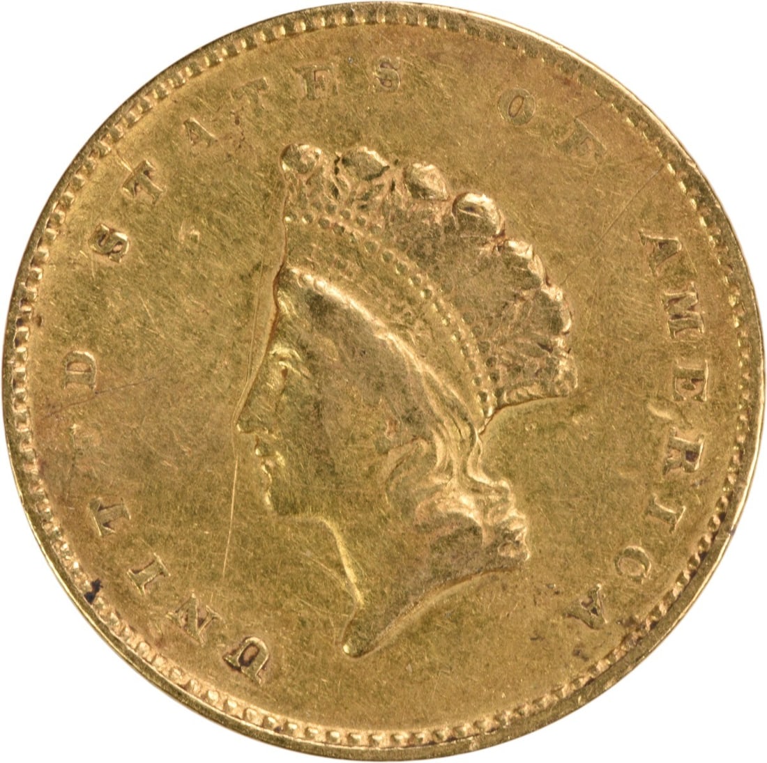 1855 Liberty Head Gold Dollar Type 2 VF Uncertified Bent: 1855 Liberty Head Gold Dollar Type 2 VF Uncertified Bent 1855 United States $1 Gold Type 2 coin in VF grade, uncertified and circulated. It is described as bent and pre-owned, with a reeded edge and d