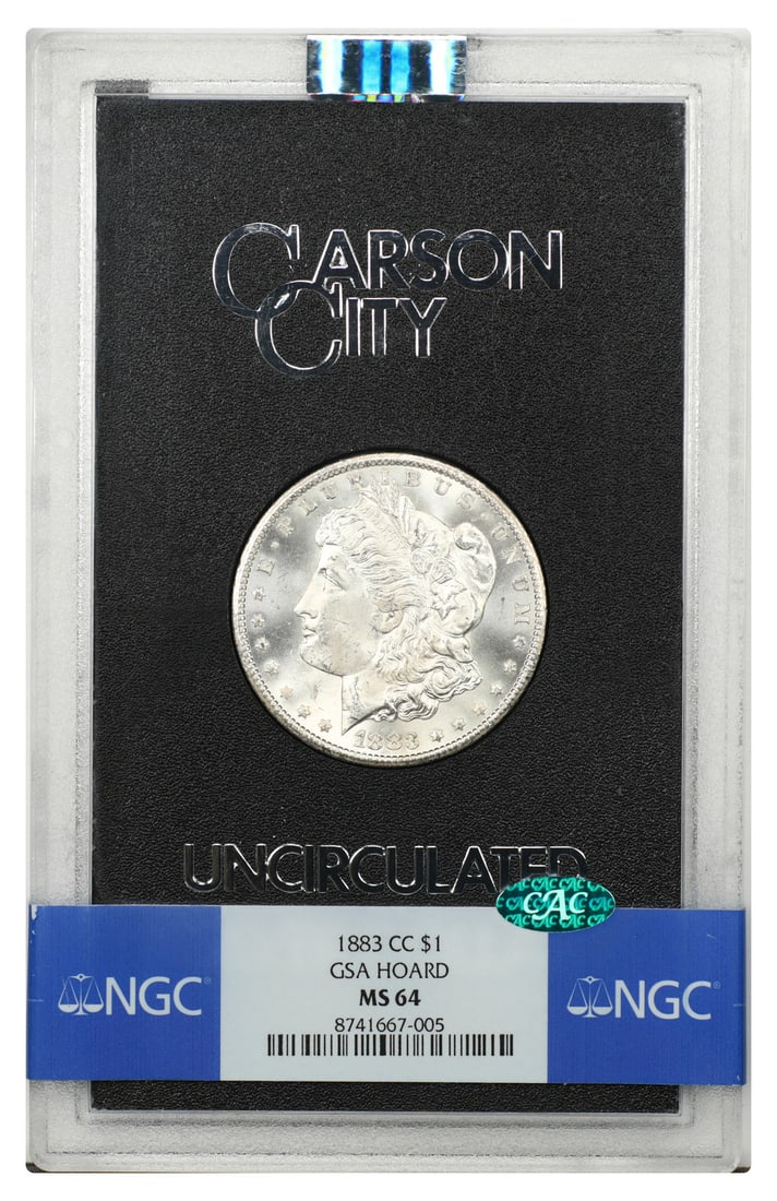1883-CC Morgan Dollar $1 MS64 NGC CAC in GSA Case: 1883-CC Morgan Dollar $1 MS64 NGC CAC in GSA Case 1883-CC Morgan Dollar $1, certified by NGC and graded MS64 with CAC approval. This Carson City GSA piece is housed in the original hard case and is pr