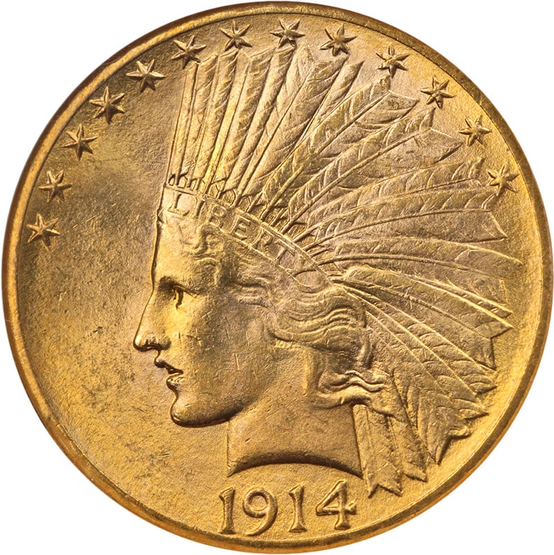 1914-D Indian Head $10 Gold NGC MS64 Strong Strike: 1914-D Indian Head $10 Gold NGC MS64 Strong Strike This is an original 1914-D Indian Gold $10 coin from the United States, graded MS64 by NGC. The coin features strong strike details, fantastic luster