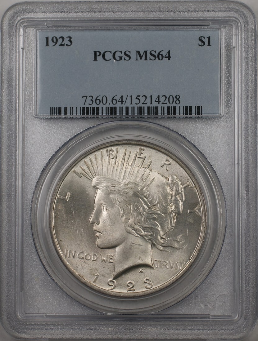 PCGS MS-64 1923 Philadelphia Peace Dollar Silver Coin with Light Toning: PCGS MS-64 1923 Philadelphia Peace Dollar Silver Coin with Light Toning This 1923 Silver Peace Dollar is graded MS-64 by PCGS and features light toning. Struck in Philadelphia, this uncirculated coin 