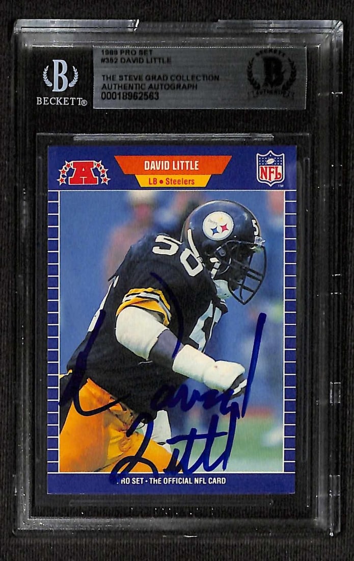 1989 Pro Set David Little Steelers autograph Beckett slab: 1989 Pro Set David Little Steelers autograph Beckett slab This is an original 1989 Pro Set football trading card featuring David Little, the renowned linebacker for the Pittsburgh Steelers. The card i