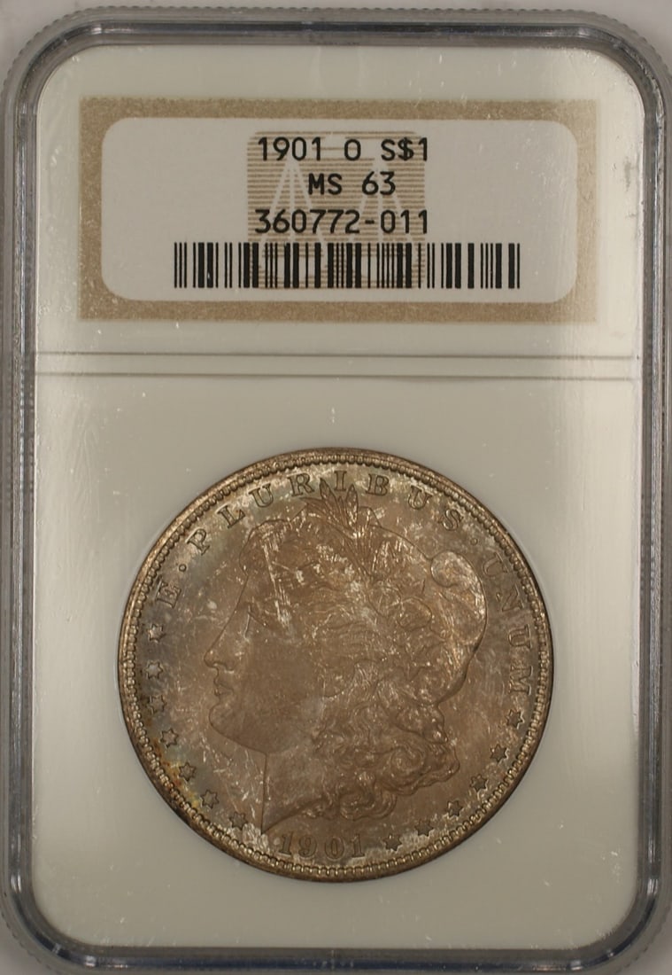 NGC MS-63 1901-O Silver Morgan Dollar Toned Uncirculated Coin: NGC MS-63 1901-O Silver Morgan Dollar Toned Uncirculated Coin This is a 1901-O Morgan Silver Dollar $1 coin, certified by NGC with a grade of MS-63. The coin is uncirculated and features attractive to