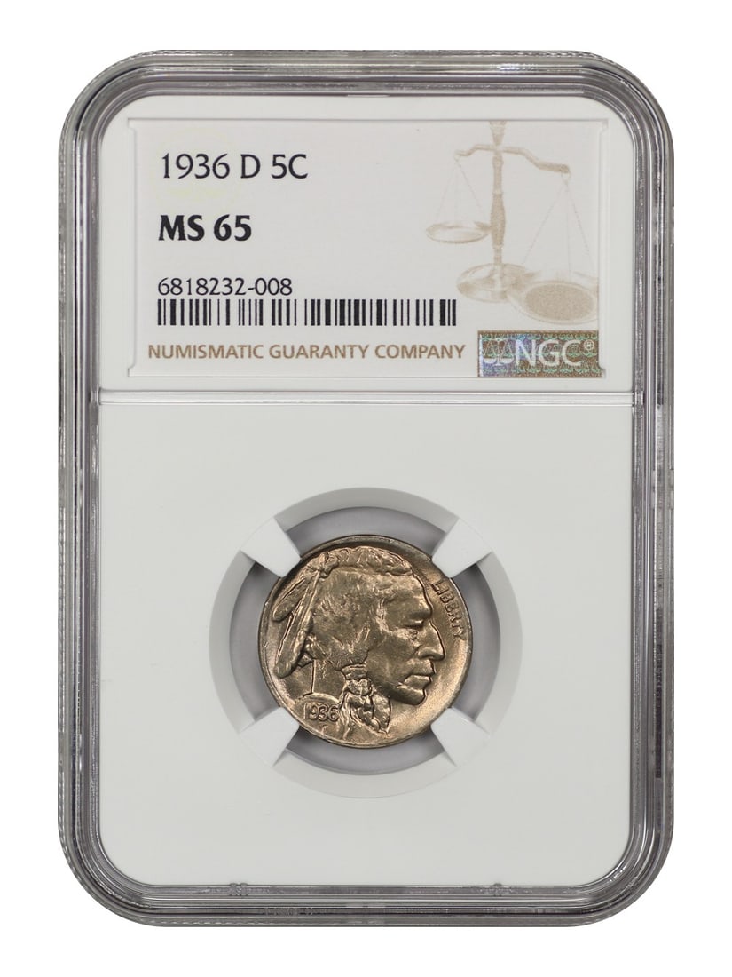 NGC MS65 1936-D Buffalo Nickel 5C: NGC MS65 1936-D Buffalo Nickel 5C 1936-D Buffalo Nickel graded MS65 by NGC. This uncirculated 5C coin was minted in Denver and is identified as part of the Buffalo Nickel series. Condition is pre-owne