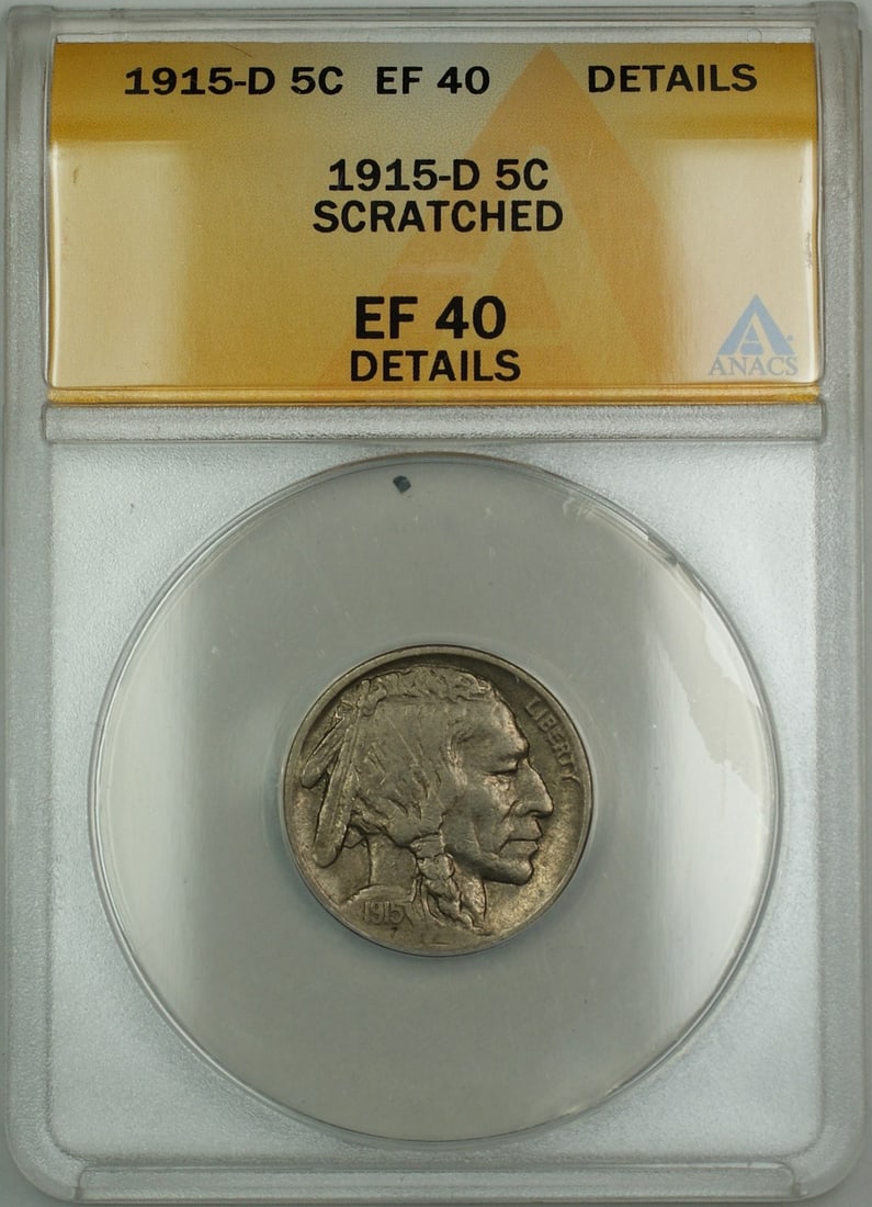 ANACS EF-40 1915-D Buffalo Nickel Five Cent Denver Mint Scratched: ANACS EF-40 1915-D Buffalo Nickel Five Cent Denver Mint Scratched 1915-D Buffalo Nickel 5 cent coin, certified by ANACS with a grade of EF 40 Details (Scratched). This circulated coin was minted in De