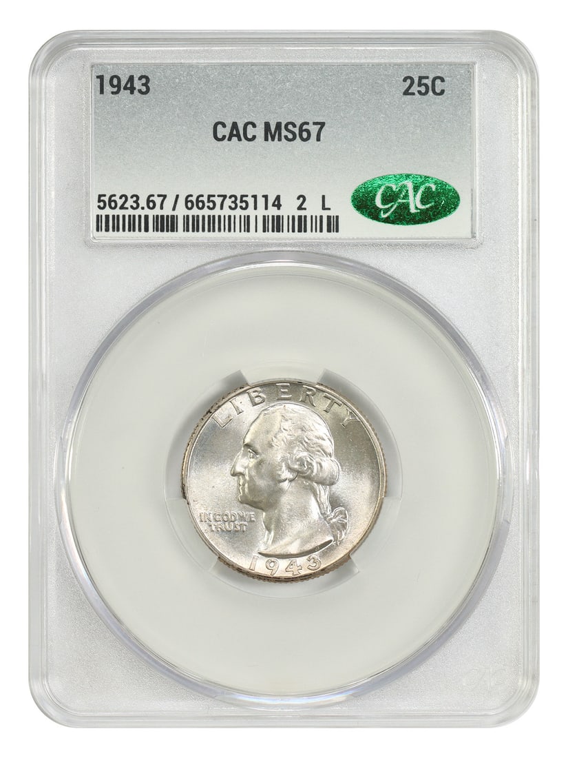 CACG MS67 1943 Washington Quarter 25C Philadelphia Mint: CACG MS67 1943 Washington Quarter 25C Philadelphia Mint 1943 Washington Quarter, certified by CACG and graded MS67. This uncirculated 25C coin was struck in Philadelphia and is part of the Washington 