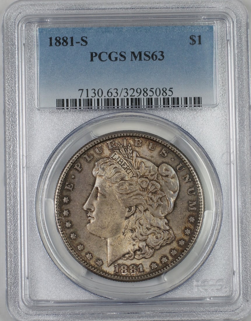1881-S Morgan dollar PCGS MS63 toned silver: 1881-S Morgan dollar PCGS MS63 toned silver This 1881-S Morgan Silver Dollar features a toned finish and is graded MS 63, indicating an uncirculated condition. Minted in San Francisco, it is composed 