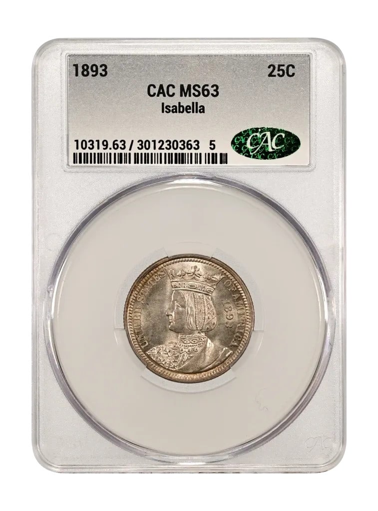1893 Isabella commemorative silver dollar CAC MS 63: 1893 Isabella commemorative silver dollar CAC MS 63 This 1893 Commemorative Isabella Quarter is composed of silver and has received a grade of MS 63. It is certified by CAC, ensuring its quality. The 