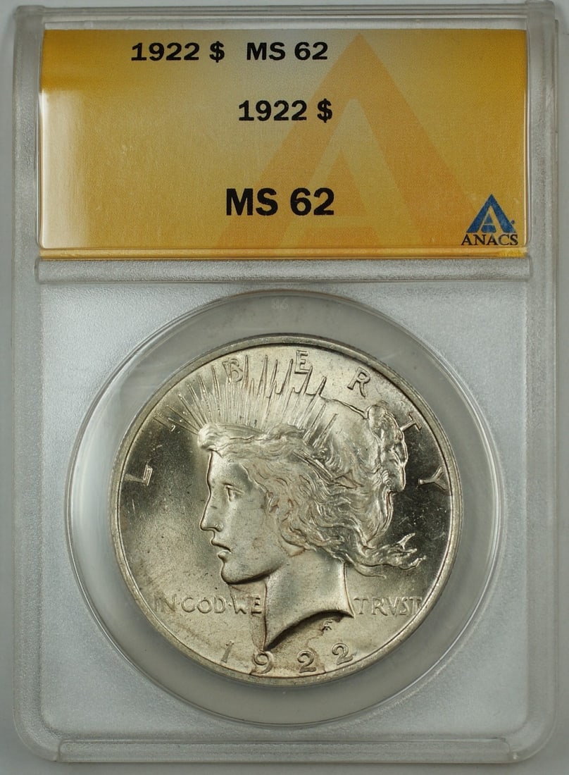 ANACS MS-62 1922 Peace Dollar Silver Coin Philadelphia Mint: ANACS MS-62 1922 Peace Dollar Silver Coin Philadelphia Mint This 1922 Silver Peace Dollar $1 coin has been certified by ANACS with a grade of MS-62, indicating its uncirculated condition. Minted in Ph