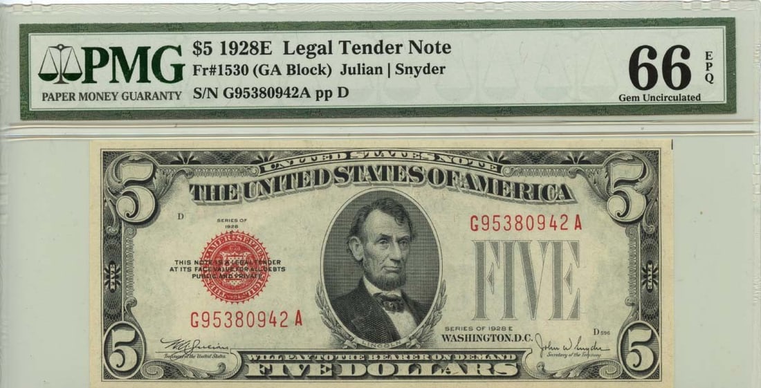 1928E $5 Legal Tender Note PMG Gem 66 RedFr# 1530: 1928E $5 Legal Tender Note PMG Gem 66 RedFr# 1530 This 1928E $5 Legal Tender Note is a remarkable collectible, certified by PMG with a grade of Gem 66 EPQ. This uncirculated note showcases the beauty 