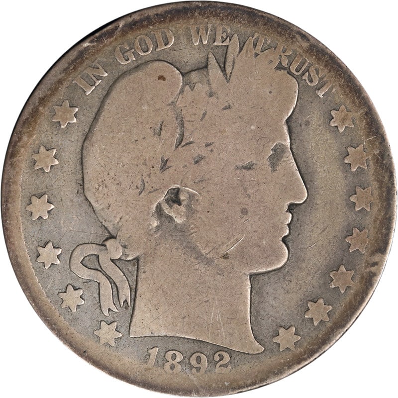1892-S Barber Half Dollar Silver AG: 1892-S Barber Half Dollar Silver AG This 1892-S Barber Half Dollar is a circulated coin featuring even wear and decent eye appeal. Struck in silver with a fineness of 0.9, it originates from the San F
