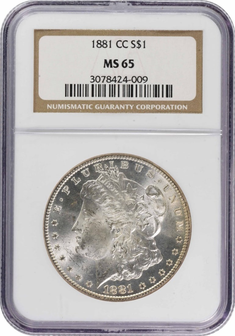 NGC MS65 1881 Carson City Morgan Dollar 90 Percent Silver Coin: NGC MS65 1881 Carson City Morgan Dollar 90 Percent Silver Coin This 1881-CC Morgan Silver Dollar is graded MS65 by NGC. Struck at the Carson City Mint, the coin is composed of 90% silver and 10% coppe