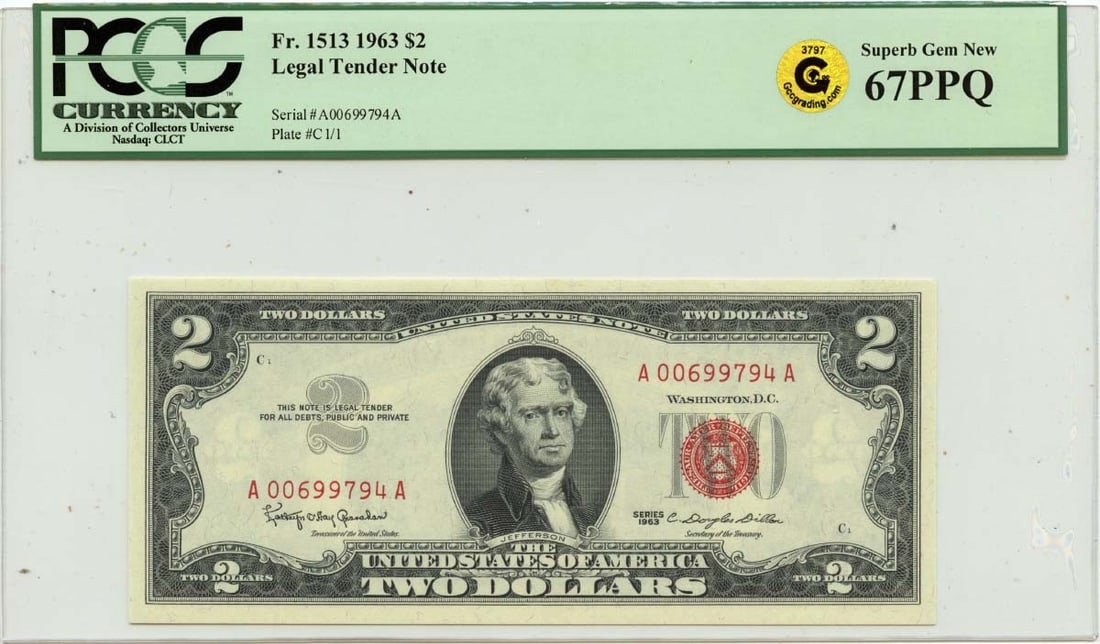 PCGS MS67 1963 Two Dollar United States Legal Tender Gold GCC: PCGS MS67 1963 Two Dollar United States Legal Tender Gold GCC This 1963 $2 Legal Tender Note is graded MS67 by PCGS Currency, indicating a superb gem uncirculated condition. The note is a pre-owned co