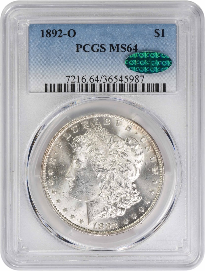 1892-O Morgan Silver Dollar MS64 PCGS CAC Uncirculated: 1892-O Morgan Silver Dollar MS64 PCGS CAC Uncirculated This 1892-O Morgan Silver Dollar is a stunning example of American numismatic history, certified by PCGS with a remarkable grade of MS64. Struck 