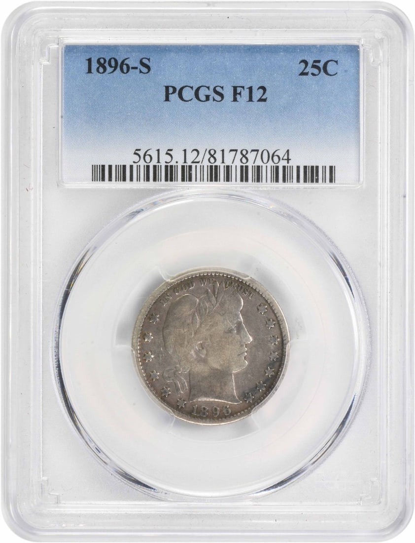 1896-S Barber Silver Quarter 25C PCGS Certified F Grade: 1896-S Barber Silver Quarter 25C PCGS Certified F Grade This 1896-S Barber Silver Quarter is a historic collectible coin certified by PCGS. It features a grade of F (Fine), indicating that it has been