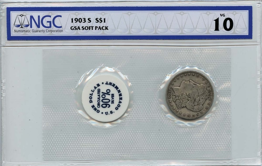 San Francisco 1903 Silver Morgan Dollar NGC VG10 GSA Soft Pack: San Francisco 1903 Silver Morgan Dollar NGC VG10 GSA Soft Pack This is a 1903-S Morgan Dollar graded VG10 by NGC. The coin is circulated and originates from the San Francisco Mint. It is presented in 
