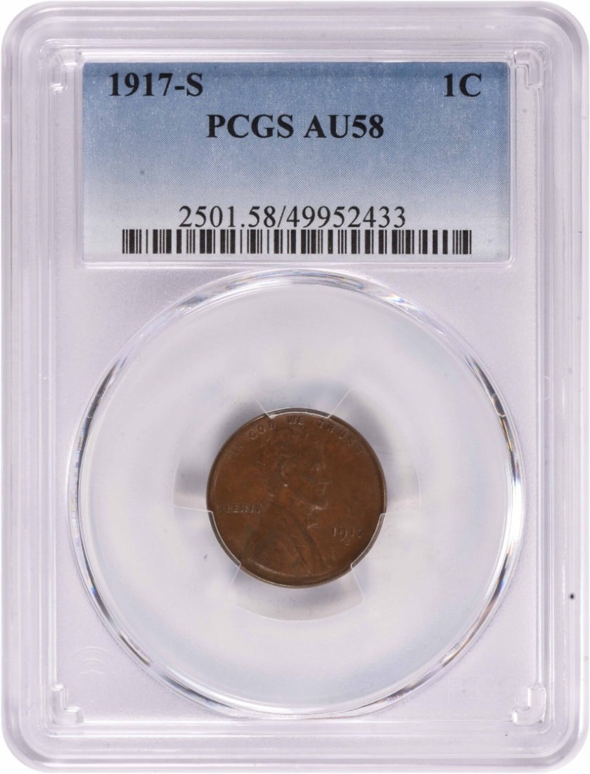 PCGS AU58 1917 S Lincoln Wheat Small Cent: PCGS AU58 1917 S Lincoln Wheat Small Cent A 1917-S Lincoln Wheat cent certified by PCGS and graded AU58. This pre-owned coin is a circulated United States small cent struck in copper. Specifications C