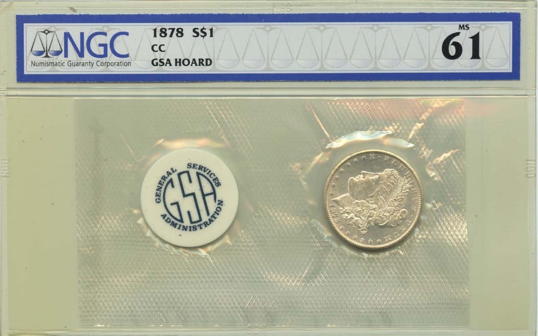 NGC MS61 1878 Carson City Morgan Silver Dollar GSA Soft Pack: NGC MS61 1878 Carson City Morgan Silver Dollar GSA Soft Pack This is an uncirculated 1878-CC Morgan Dollar presented in a GSA soft pack. Certified by NGC with a grade of MS61, this coin originates fro