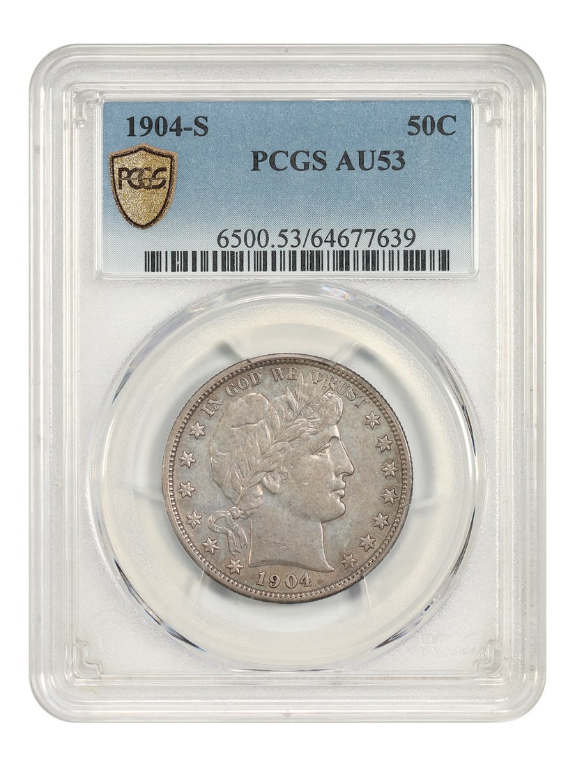PCGS AU53 1904-S Barber Half Dollar 50C Semi-Key Date: PCGS AU53 1904-S Barber Half Dollar 50C Semi-Key Date This 1904-S Barber Half Dollar is a circulated San Francisco Mint issue certified by PCGS AU53. It is described as a tough issue from a mintage of