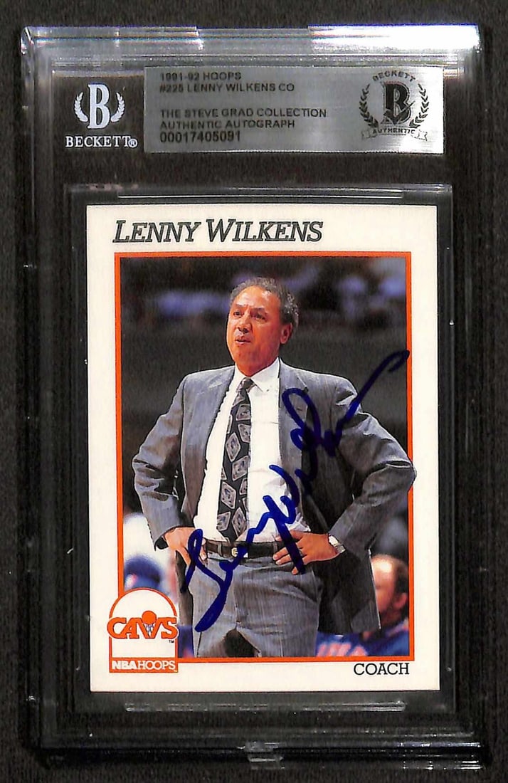 Lenny Wilkens Signed 1991-92 NBA Hoops #225 Card Beckett Authenticated: Lenny Wilkens Signed 1991-92 NBA Hoops #225 Card Beckett Authenticated This autographed 1991-92 NBA Hoops #225 trading card features the signature of Lenny Wilkens, renowned coach of the Cleveland Cav