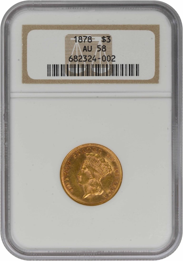 NGC AU58 1878 United States $3 Gold Coin: NGC AU58 1878 United States $3 Gold Coin An 1878 United States $3 gold coin graded AU58 by NGC. This pre-1933 coin is listed as circulated and pre-owned, with KM number 84 and no mint mark. Specificat