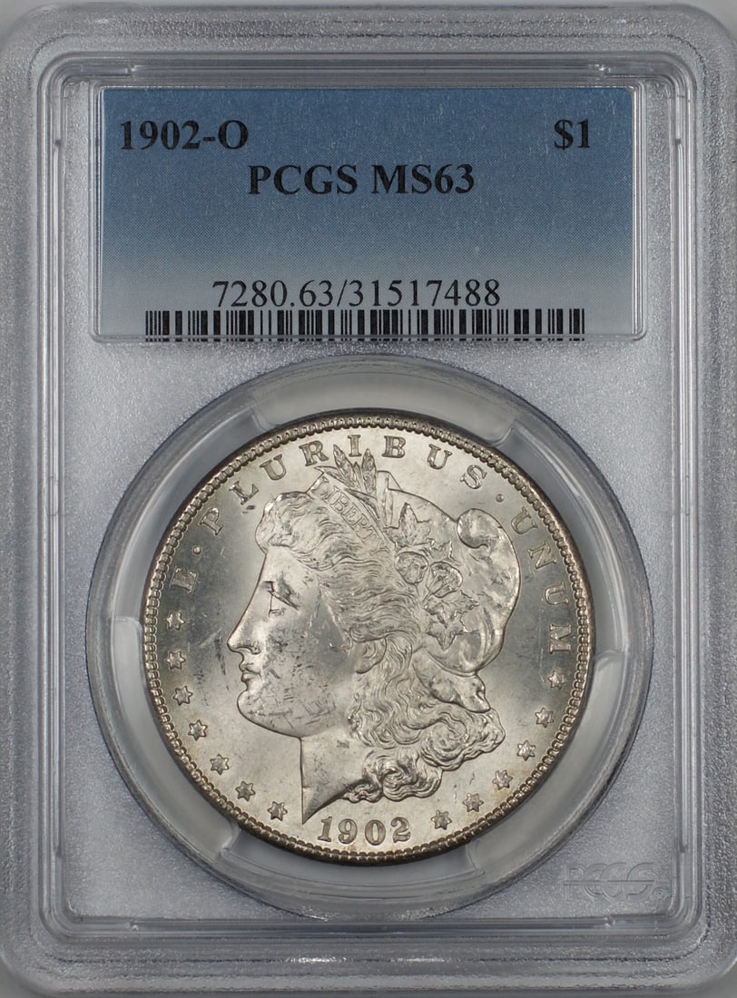 PCGS MS-63 1902-O Silver Dollar from New Orleans Mint: PCGS MS-63 1902-O Silver Dollar from New Orleans Mint This is a 1902-O Morgan Silver Dollar $1 coin certified by PCGS with a grade of MS-63. Minted in New Orleans, this uncirculated coin is composed o
