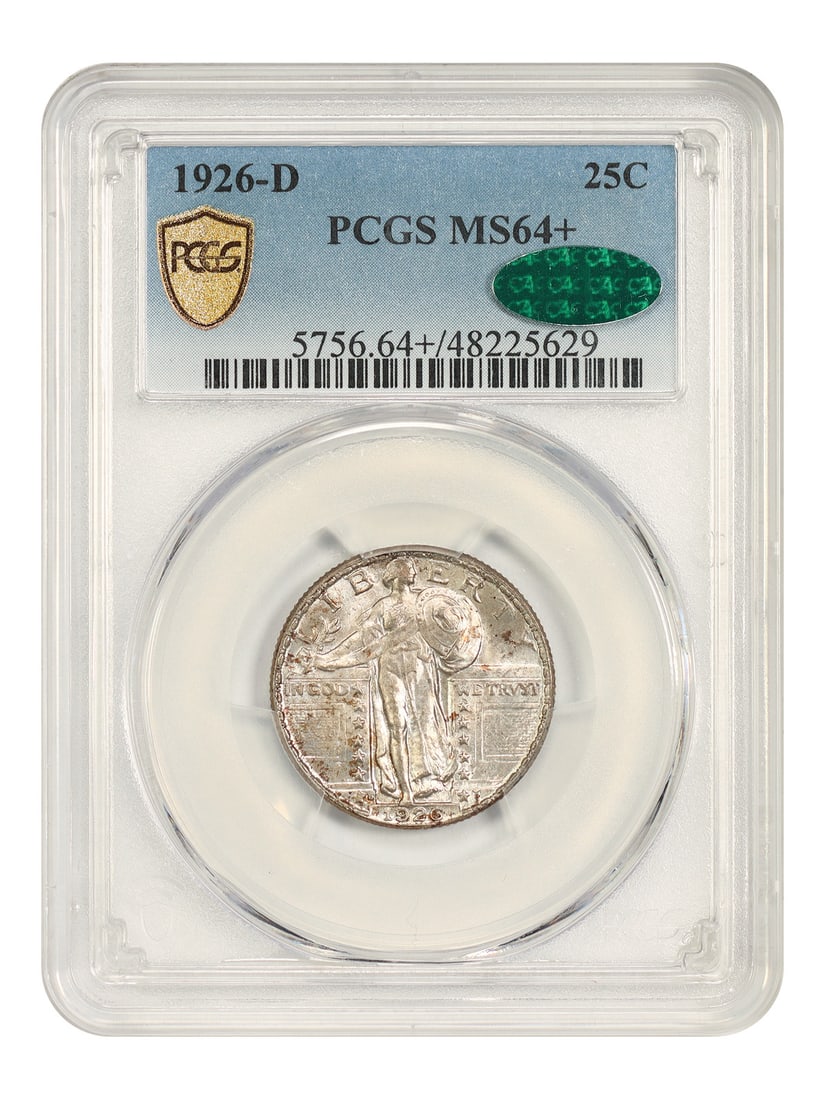 Standing Liberty Quarter 1926-D 25C PCGS CAC MS64+: Standing Liberty Quarter 1926-D 25C PCGS CAC MS64+ This 1926-D Standing Liberty Quarter is a 25C coin from the Denver Mint, certified by PCGS with certification number 48225629. It is listed as uncirc