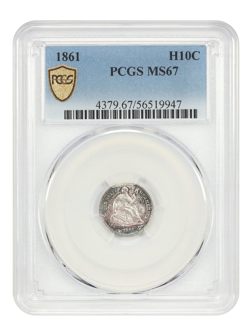 PCGS MS67 1861 Liberty Seated Half Dime H10C Philadelphia: PCGS MS67 1861 Liberty Seated Half Dime H10C Philadelphia An 1861 Liberty Seated Half Dime from Philadelphia, certified by PCGS as MS67. This uncirculated Civil War date example is described as a colo