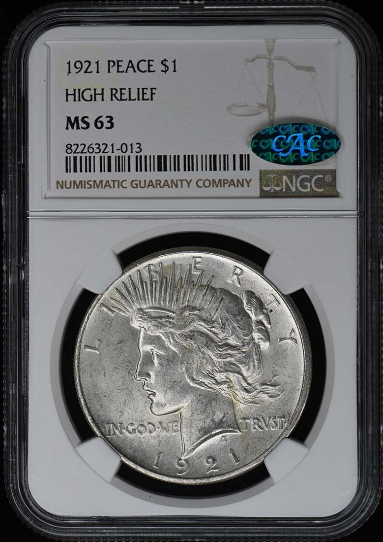 1921 Peace Dollar High Relief NGC MS63 CAC Certified Coin: 1921 Peace Dollar High Relief NGC MS63 CAC Certified Coin This 1921 Peace Dollar is a striking example of high relief design, certified by NGC with a grade of MS63. It showcases the beauty of uncircul