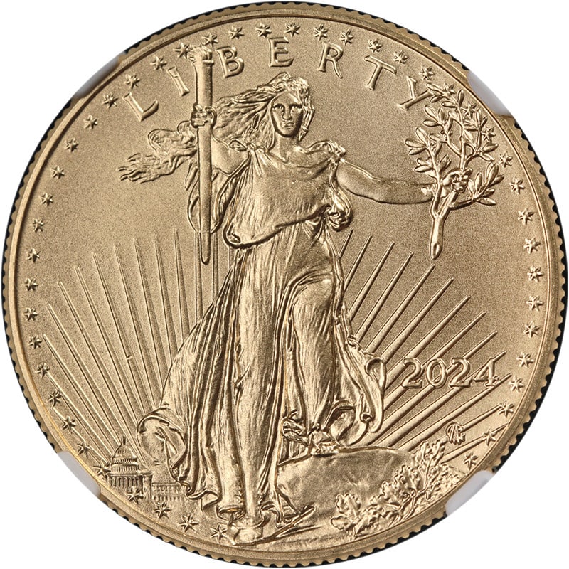 NGC MS70 2024 Gold American Eagle $25 Mike Castle Autograph: NGC MS70 2024 Gold American Eagle $25 Mike Castle Autograph This is a 2024 Gold American Eagle $25 coin, graded MS70 by NGC, indicating a perfect uncirculated condition. It features a First Day of Iss