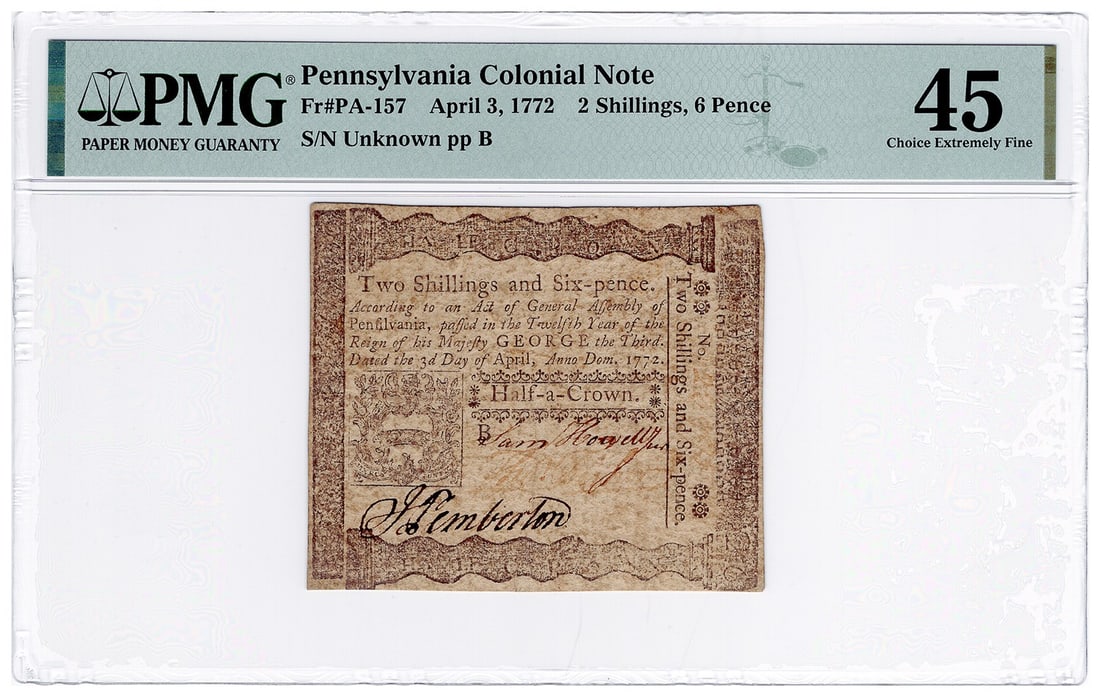 PMG Choice X 1772 Pennsylvania Colonial 2 Shillings 6 Pence: PMG Choice X 1772 Pennsylvania Colonial 2 Shillings 6 Pence This Pennsylvania Colonial currency note, dated April 3, 1772, features a denomination of 2 Shillings and 6 Pence. Certified by PMG with a c