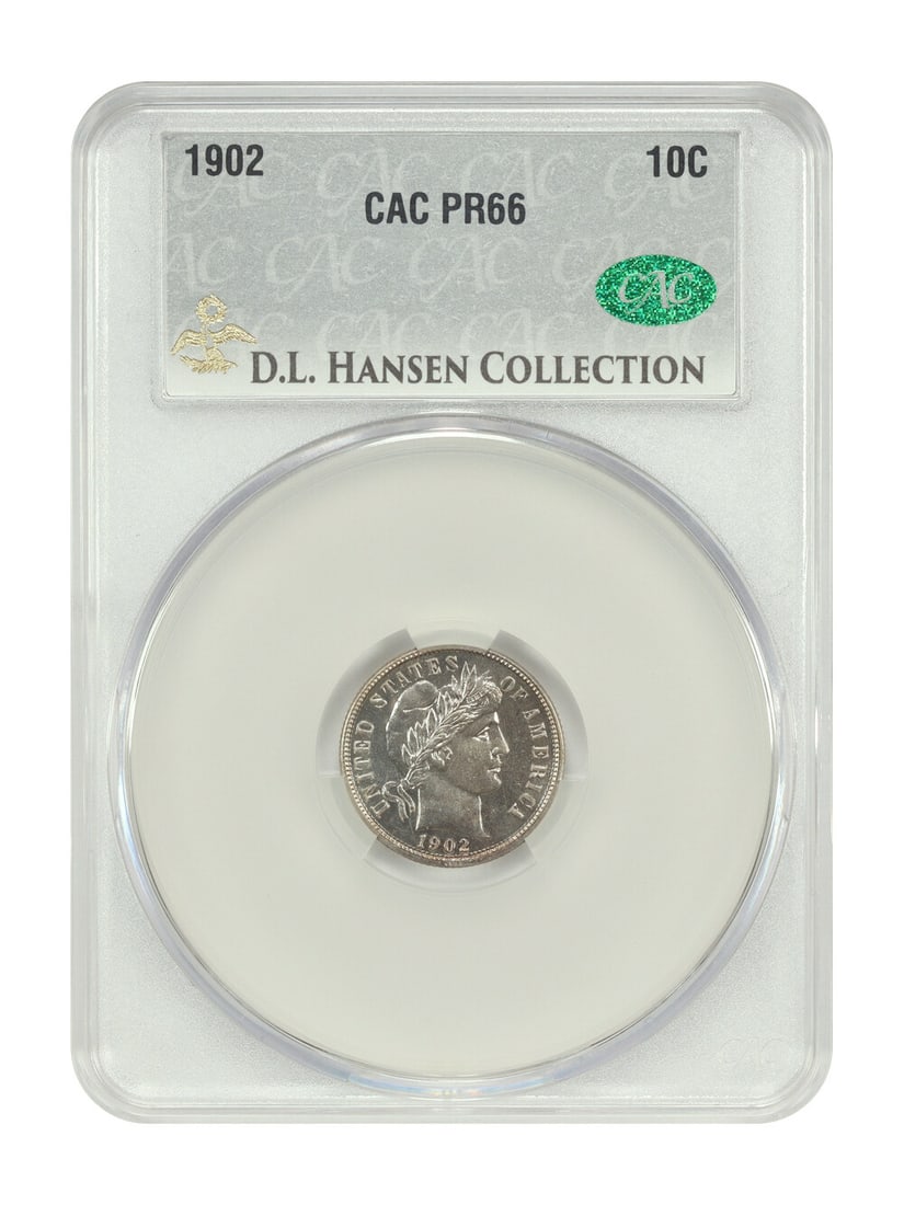 CACG PR66 1902 Barber Dime 10C ex D.L. Hansen: CACG PR66 1902 Barber Dime 10C ex D.L. Hansen 1902 Barber Dime graded PR66 by CACG, from the Philadelphia Mint. This proof example is described as having watery, essentially brilliant mirrors and a co