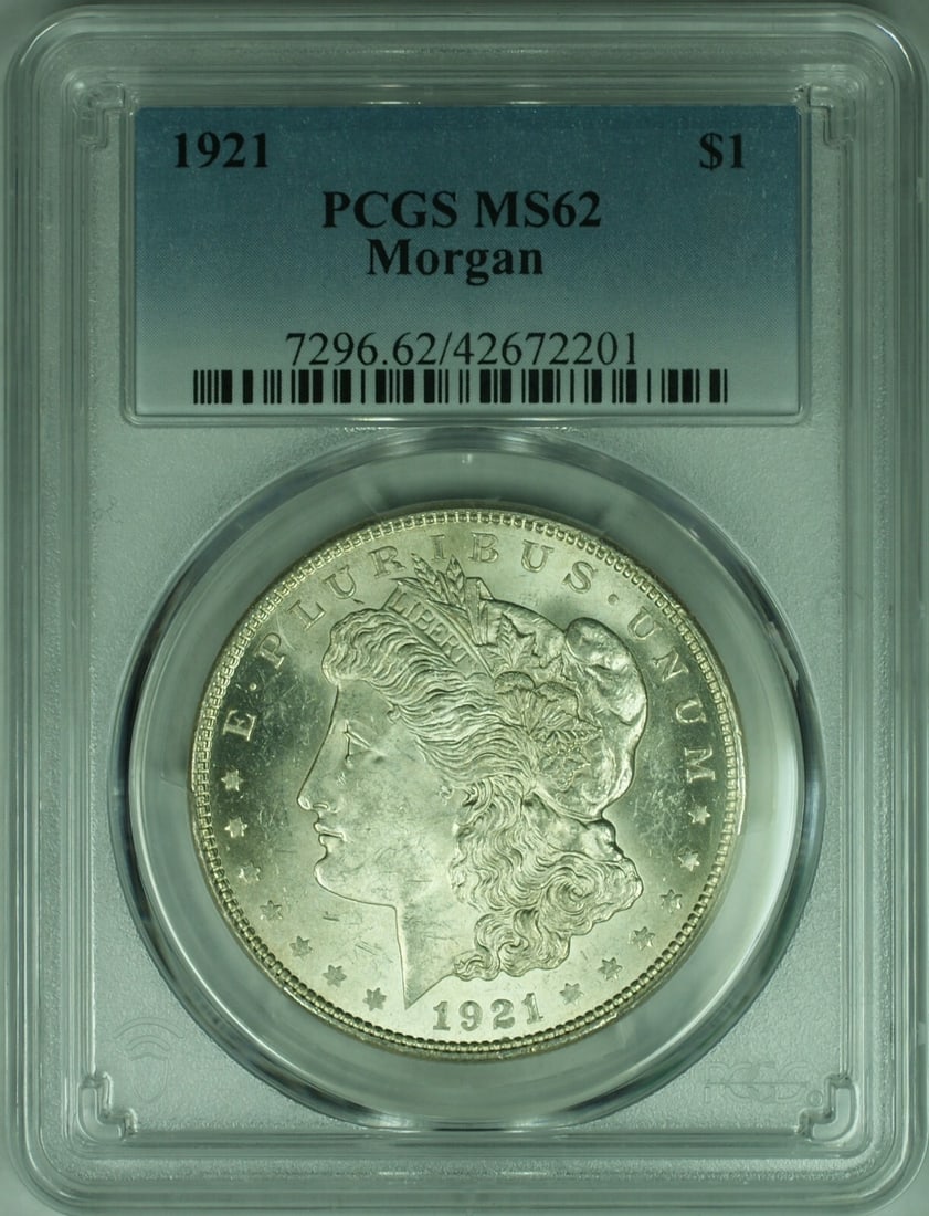 PCGS MS62 1921 Morgan Dollar Silver Uncirculated Coin Philadelphia Mint: PCGS MS62 1921 Morgan Dollar Silver Uncirculated Coin Philadelphia Mint This 1921 Morgan Silver Dollar is certified by PCGS with a grade of MS-62. Struck in Philadelphia, the coin is composed of silve