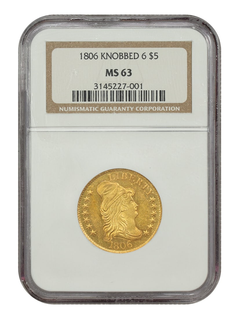 1806 NGC MS63 Draped Bust $5 Knobbed 6 Gold Coin: 1806 NGC MS63 Draped Bust $5 Knobbed 6 Gold Coin This 1806 $5 Draped Bust gold coin is certified by NGC with a grade of MS63, denoting its uncirculated condition. Minted in Philadelphia, this half eag