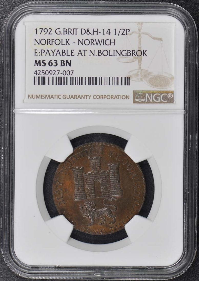 1792 Norfolk Norwich Half Penny NGC MS63BN: 1792 Norfolk Norwich Half Penny NGC MS63BN This is a 1792 Great Britain Norfolk-Norwich halfpenny, certified by NGC with a grade of MS63 Brown. The coin is uncirculated and originates from the United 