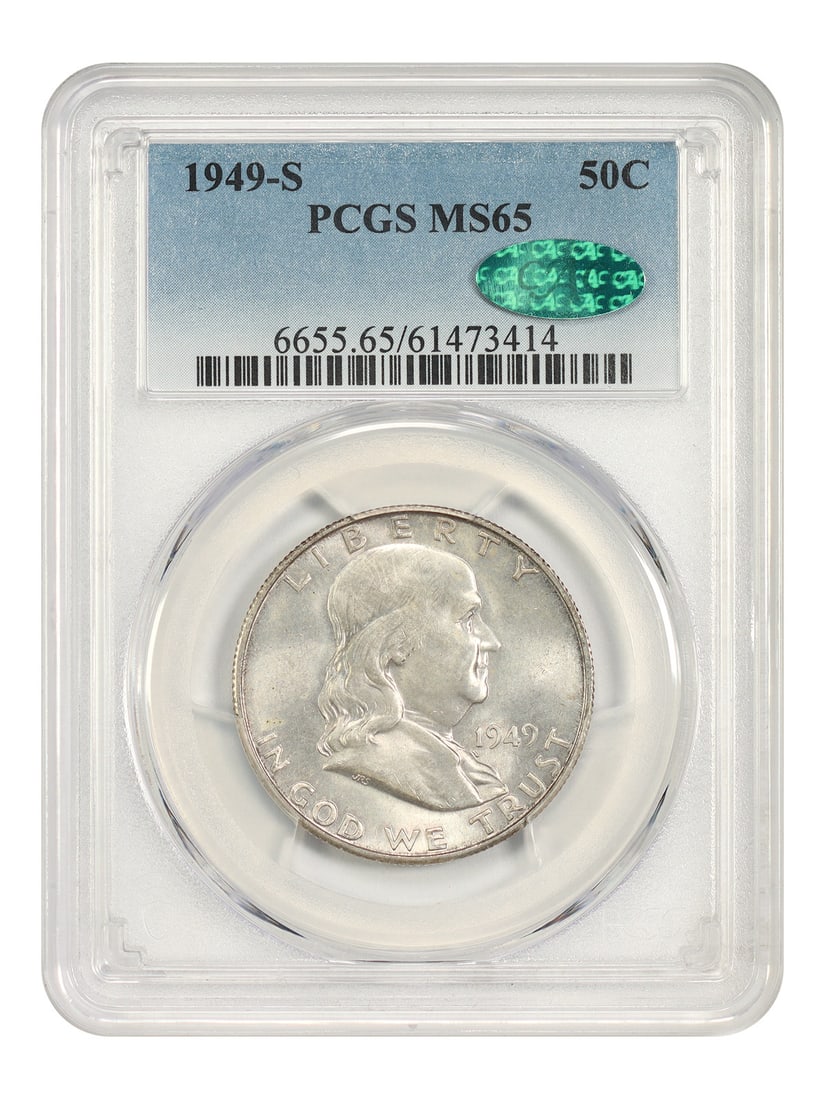 PCGS CAC 1949-S Franklin Half Dollar MS65 Key Date: PCGS CAC 1949-S Franklin Half Dollar MS65 Key Date 1949-S Franklin Half Dollar certified by PCGS and CAC, graded MS65. This uncirculated coin is identified as a popular and affordable key date in the 
