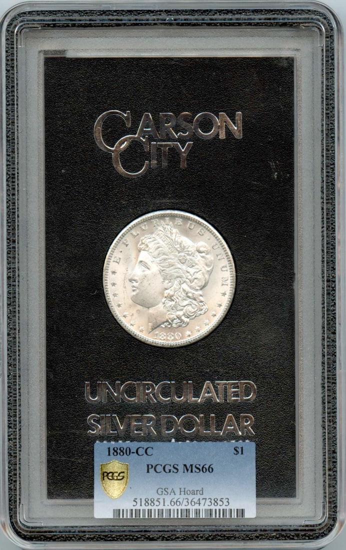GSA Hoard 1880 Carson City Morgan Silver Dollar PCGS MS66: GSA Hoard 1880 Carson City Morgan Silver Dollar PCGS MS66 This 1880-CC Morgan Dollar is part of the GSA Hoard and has been certified by PCGS with a grade of MS66. Struck at the Carson City Mint, this 