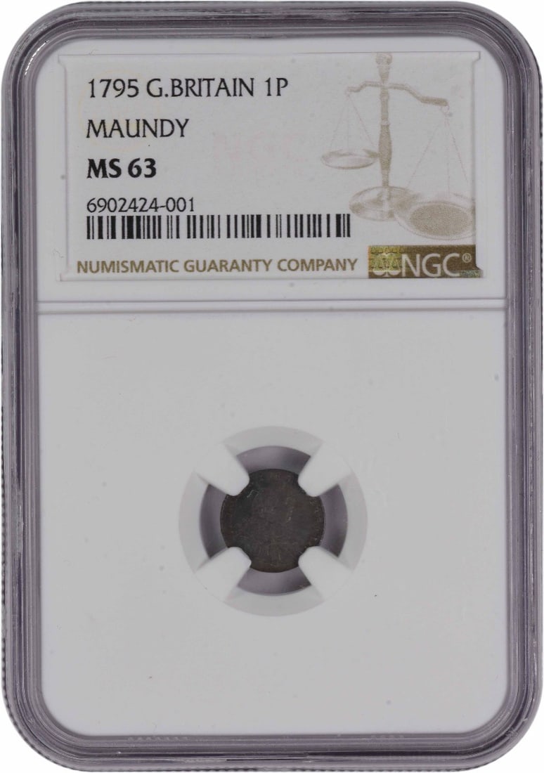 1795 Great Britain Maundy 1 Pence Coin NGC MS63 Uncirculated: 1795 Great Britain Maundy 1 Pence Coin NGC MS63 Uncirculated This is a 1795 Great Britain 1 Pence Maundy coin graded MS63 by NGC. The coin is uncirculated and originates from the United Kingdom. Speci