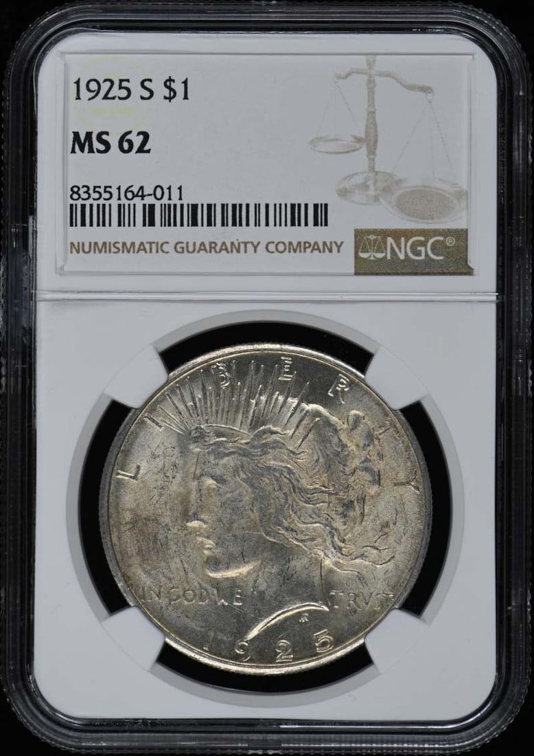 1925 S Peace Dollar NGC MS62 Uncirculated Coin: 1925 S Peace Dollar NGC MS62 Uncirculated Coin This 1925 S Peace Dollar is a stunning piece of numismatic history, certified by NGC with a grade of MS62, indicating its uncirculated condition. Struck 