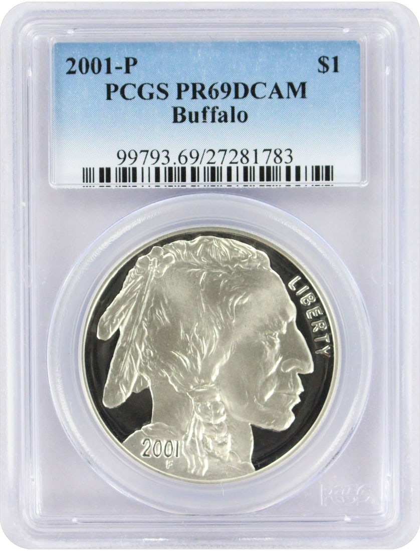 PCGS PR69DCAM 2001 P Buffalo Silver Commemorative Proof Dollar: PCGS PR69DCAM 2001 P Buffalo Silver Commemorative Proof Dollar 2001-P Buffalo Silver Commemorative Dollar in Proof strike, certified by PCGS and graded PR69DCAM (Proof 69 Deep Cameo). This uncirculate