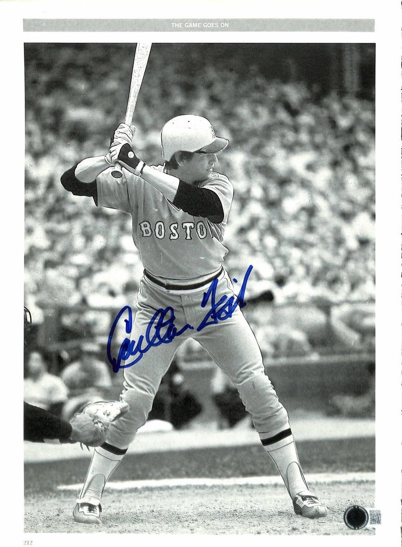 Beckett Certified Carlton Fisk Autographed 11x14 Red Sox Photo: Beckett Certified Carlton Fisk Autographed 11x14 Red Sox Photo This 11x14 black-and-white magazine photograph features legendary Boston Red Sox catcher Carlton Fisk at bat. The photo is hand-signed by