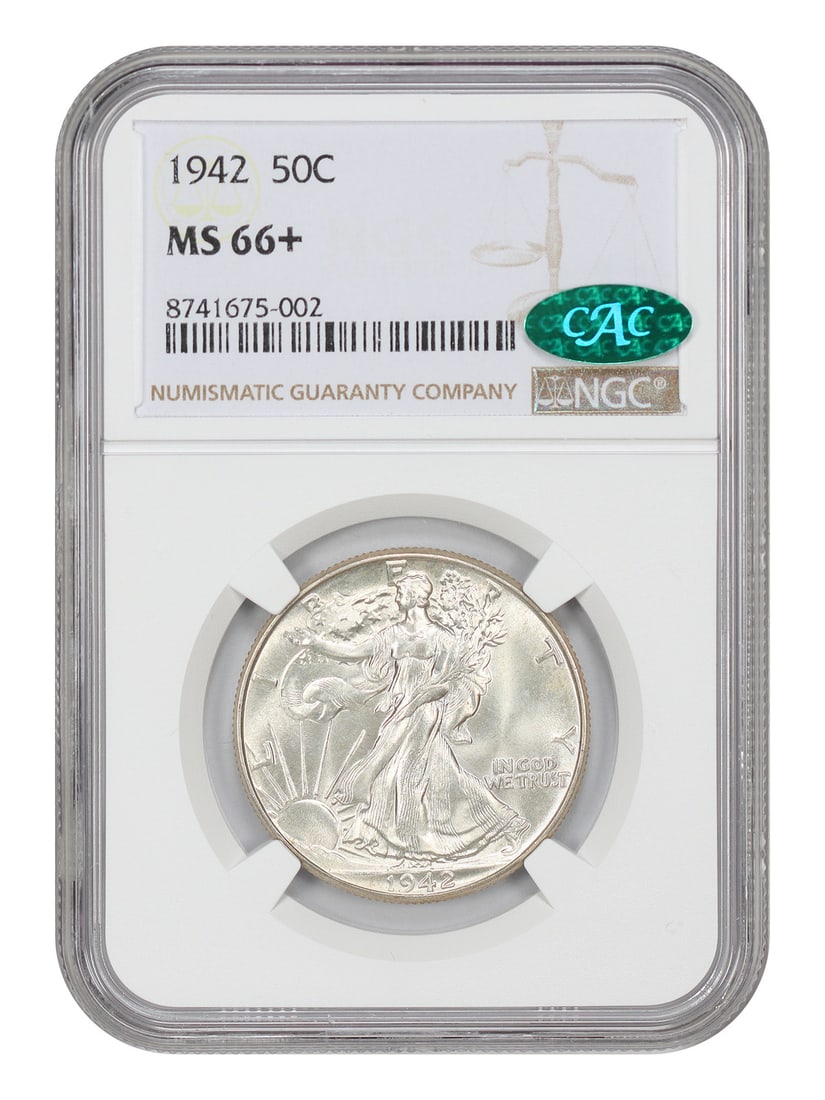 1942 Philadelphia 50C Walking Liberty Half Dollar NGC CAC MS66+: 1942 Philadelphia 50C Walking Liberty Half Dollar NGC CAC MS66+ This 1942 Walking Liberty Half Dollar is an uncirculated coin graded MS66+ by NGC and CAC. It features the iconic Walking Liberty design