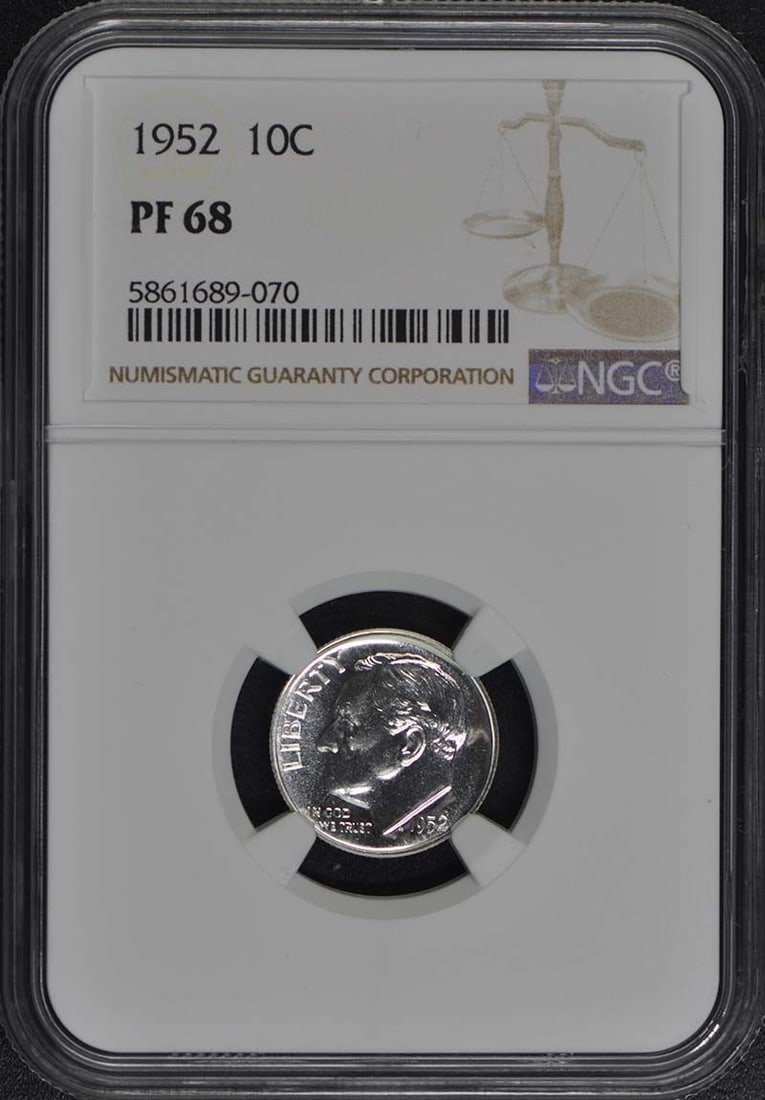 NGC PR68 1952 Proof Roosevelt Silver Dime Philadelphia Mint 10C Coin: NGC PR68 1952 Proof Roosevelt Silver Dime Philadelphia Mint 10C Coin This is a 1952 Roosevelt Dime struck in silver, certified by NGC with a proof grade of PR68. The coin is uncirculated and was minte