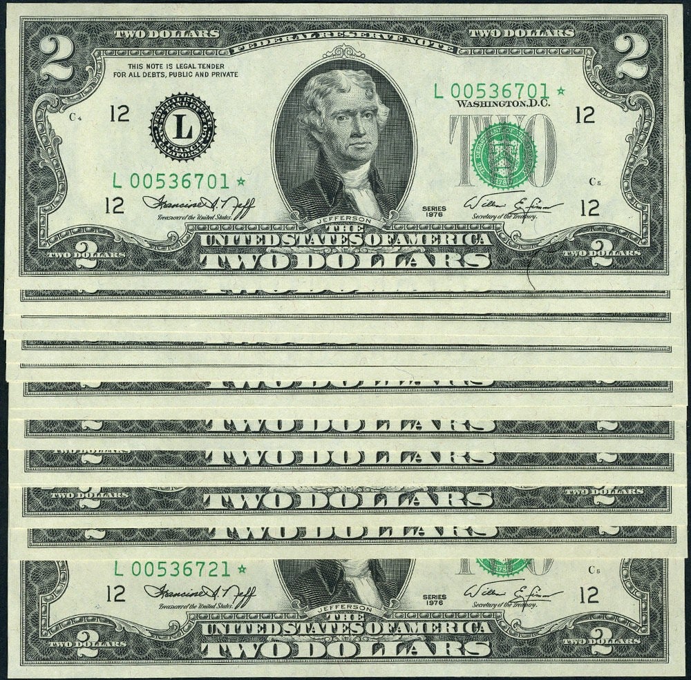 21 Consecutive 1976 $2 Federal Reserve Notes Star Pack Choice CU (1 of 2)